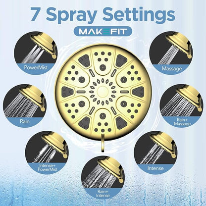 MakeFit Filtered Shower Head - High Pressure Rain - Shower Head with filter for Hard Water - Luxury 7 Settings Adjustable Water Filter Showerhead (Gold)