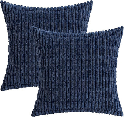 MIULEE Pack of 2 Corduroy Decorative Throw Pillow Covers 18x18 Inch Soft Boho Striped Pillow Covers Modern Farmhouse Home Decor for Summer Coastal Sofa Living Room Couch Bed Dark Blue