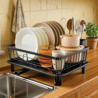 MOUKABAL Dish Drying Rack, Dish Rack, Stainless Steel Dish Racks for Kitchen Counter, Dish Drainer with Removable Utensil Holder, Drainboard (Black,11''W x 15''L)