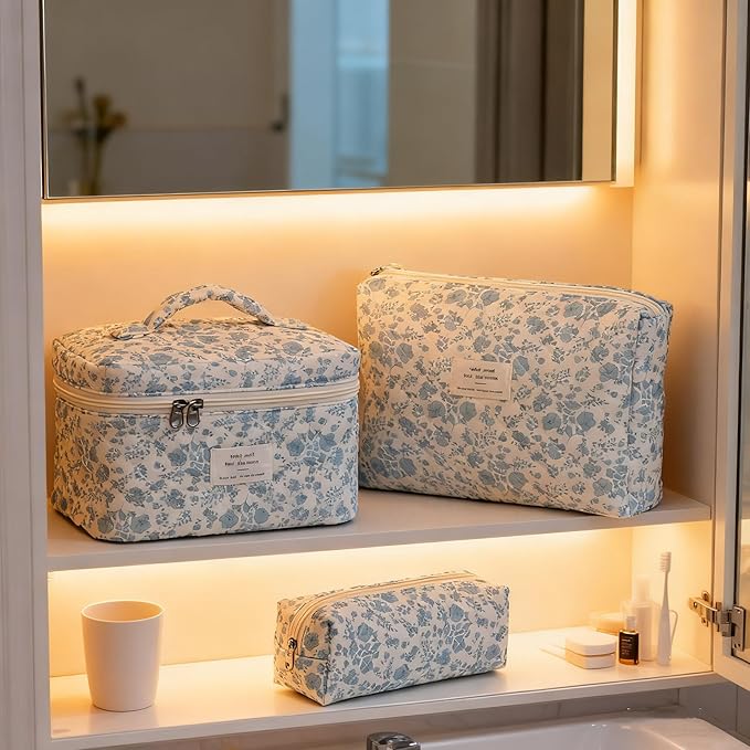 3PCS Makeup Bag,Quilted Cosmetic Bag,Large Floral Makeup Bag for Women,Cute Cotton Cosmetic Bag Set,Travel Toiletry Bag For Women(White blue)