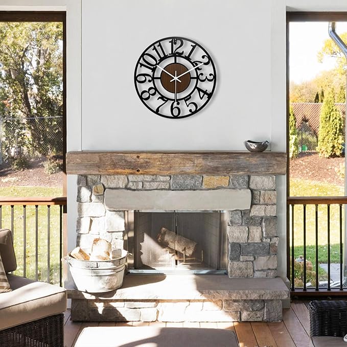 SUKYING Large Decorative Wall Clock, Vintage Farmhouse Wall Clock for Living Room/Kitchen/Bedroom, 16 Inch Silent Battery Operated Wooden & Black Metal Clock for Outdoor Covered Patio, Pool Area