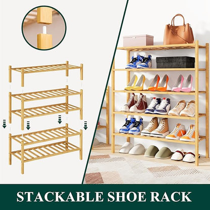 Smiry Bamboo Shoe Rack, 6 Tier Free Standing Wooden Shoe Organizer, Stackable Wood Shoe Storage Shelf for Closet, Entryway, 12 Vertical Slats, 2+2+2 Stack Standard Legs, 26.8"x11"x39", Natural