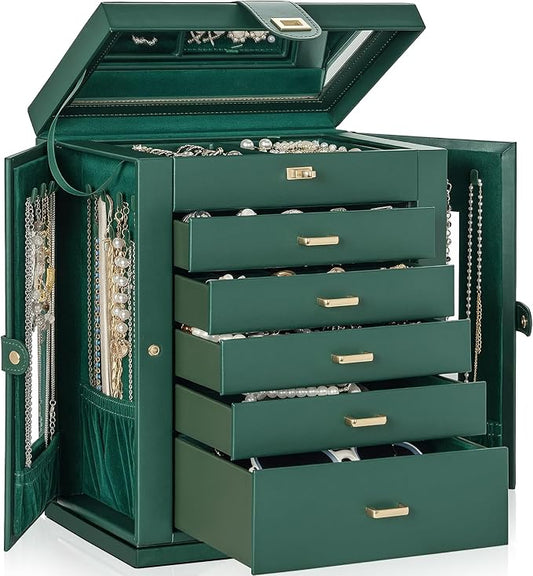 AKOZLIN 6-Tier Jewelry Box Organizer Functional 5 Drawers Leather Jewelry Storage Case for Women Girls Ring Necklace Earring Bracelet Holder Organizer with Mirror XL Green 360° Rotating