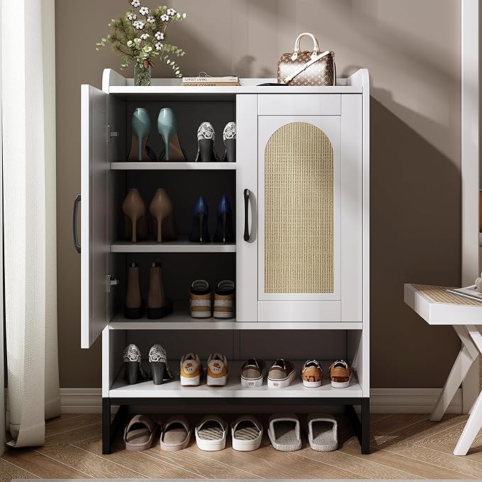 Shoe Cabinet Storage for Entryway, Wooden Shoe Cabinet with 2 Rattan Doors and Adjustable Shelves, Tall Shoe Rack Cabinet for Hallway, Living Room, Modern (White)