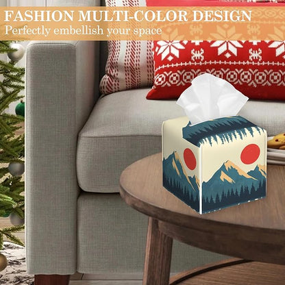Tissue Box Cover,Boho Mountains Sun Leather Tissue Holder Organizer Portable Square Decorative Facial Paper Case for Home Office Bathroom Vanity Countertop