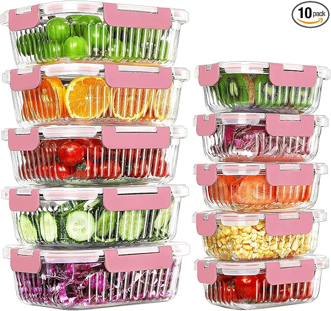 KOMUEE 10 Packs Glass Meal Prep Containers with Lids, Glass Food Storage Containers Set, Airtight Lunch Containers, Microwave, Oven, Freezer and Dishwasher Safe, Pink
