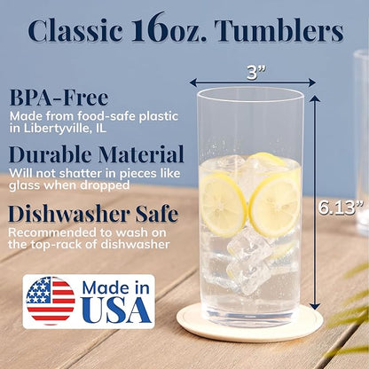 US Acrylic Classic Clear Plastic Reusable Drinking Glasses (Set of 6) 16oz Water Cups | BPA-Free Tumblers, Made in USA | Top-Rack Dishwasher Safe