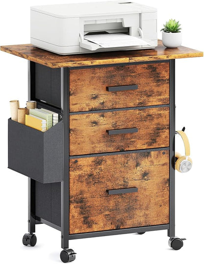 Mexin 3 Drawer File Cabinet with 22'' Extended Desktop, Mobile Filing Cabinet, Printer Stand, Rolling Printer Stand with Side Bag, Fabric Drawer, Fits A4 Size, Home Office,Rustic Brown