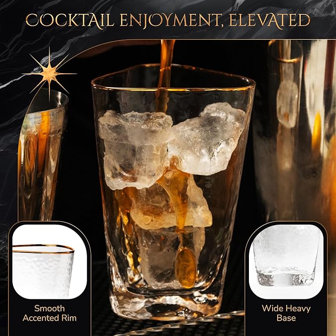 Bec's Designs Gold Rim Highball Glasses – Set of 4, 16oz Handblown Triangular Hammered Glass Tumblers – Elegant Drinkware for Cocktails, Water & Iced Tea
