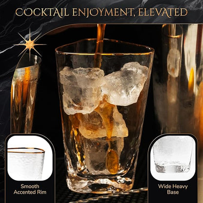 Bec's Designs Gold Rim Highball Glasses – Set of 4, 16oz Handblown Triangular Hammered Glass Tumblers – Elegant Drinkware for Cocktails, Water & Iced Tea
