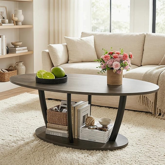 Manora Rustic Small Oval Coffee Table for Living Room, Narrow Wood Center Table with Shelf, Retro Style Coffee Table with Curved Metal Legs, Stable and Easy Assembly, Gray