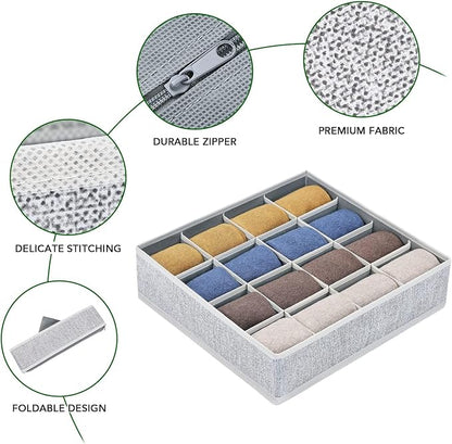 Joyoldelf Sock Drawer Organizer Divider Underwear Organizer 16-cell Fabric Dresser Drawer Organizers Storage Boxes for Socks Lingerie, Handkerchiefs, Ties 4 Pack (Blended-Grey)