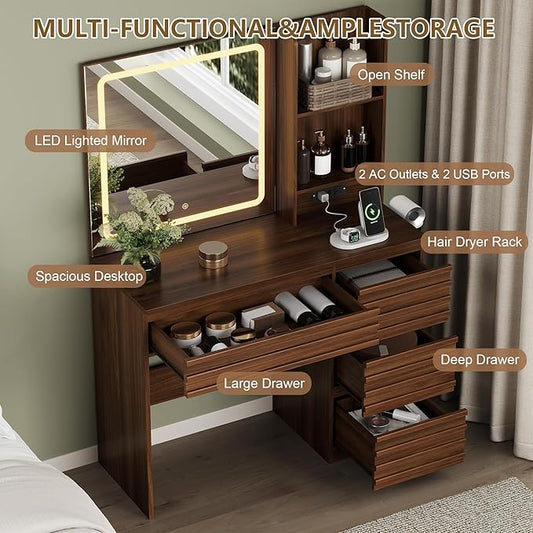 Makeup Vanity Desk with Lights, Fluted Vanity with 4 Drawers, Open Shelves, Power Outlet, LED Lighted Mirror, 3 Lighting Modes & Brightness Adjustable, Wood Dressing Table for Bedroom, Walnut