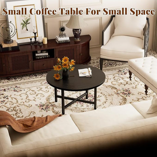 Coffee Table, 23.6" Small Coffee Tables, Black Round Coffee Tables for Living Room, Floor Table for Sitting on The Floor, Center Coffee Table with Metal Frame for Office Apartment Home