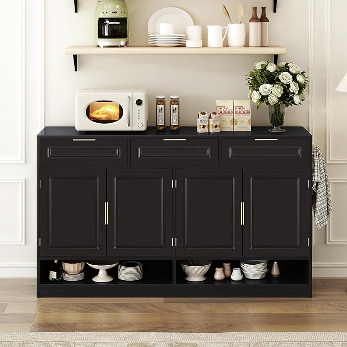 Buffet Table with 3 Drawers, 59.1" Multi-Functional Buffet Cabinet with Storage, Sideboard Cabinet with Adjustable Shelf for Dining Room, Living Room, Entryway, Black