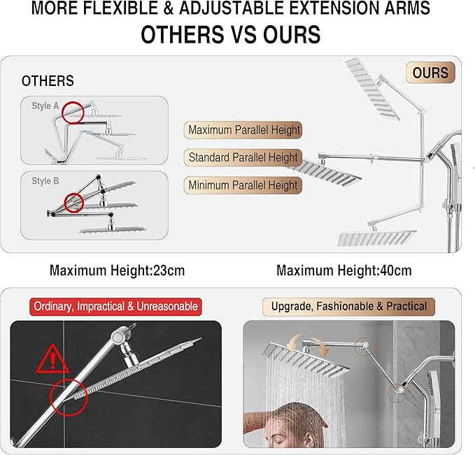 All Metal 10 Inch Rain Shower Head with Handheld Built-in Power Wash Mode, High Pressure Waterfall Rainfall Square Shower Heads with 16" Adjustable Extension Arm, Dual Showerhead(Chrome)