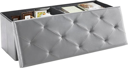 DUMOS 43 Inch Folding Storage Ottoman Bench, Large Storage Chest withThicker Foam Padded Seat, End of Bed Foot Rest Stool for Bedroom Living Room Entryway, Load 660 lbs, Lychee Grain Leather, Grey