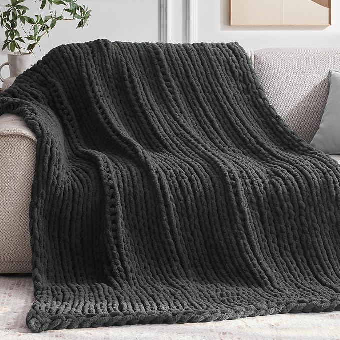 Negwoo Chunky Knit Throw Blanket, 80''*90'' Knitted Throw Chenille Yarn for Bed Couch, Handmade Dark Grey Crochet Big Thick Blanket, Machine Washable Cute Comfy Blanket for Home Decor