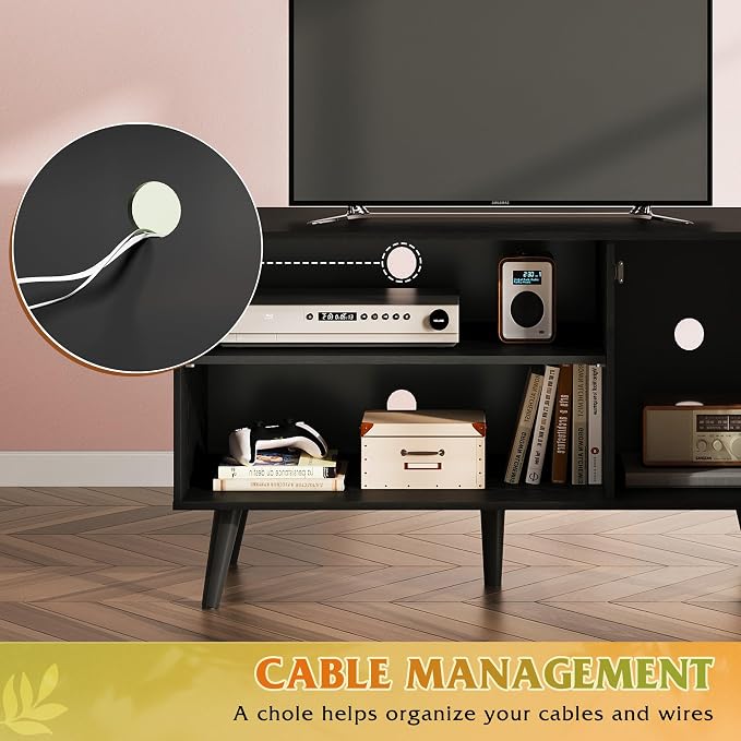 WLIVE TV Stand for 43 Inch TV, Small Entertainment Center with Storage Cabinet & Adjustable Shelves, Mid-Century Modern TV Stands for Living Room and Bedroom, 32" TV Console, Black