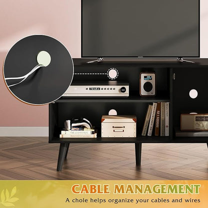WLIVE TV Stand for 43 Inch TV, Small Entertainment Center with Storage Cabinet & Adjustable Shelves, Mid-Century Modern TV Stands for Living Room and Bedroom, 32" TV Console, Black