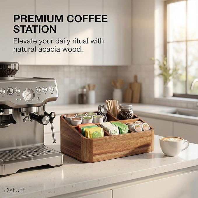 Dstuff Acacia Wood Coffee Station Organizer for Countertop, Tea Organizer and Holder, Coffee Bar Caddy with Multiple Compartments for Home and Office Decor