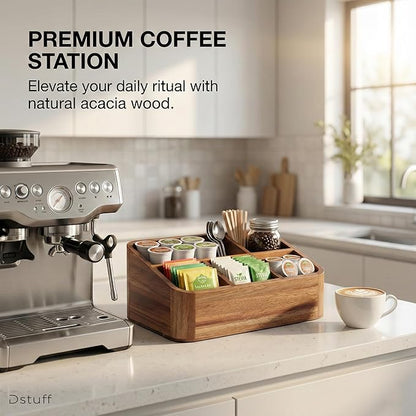 Dstuff Acacia Wood Coffee Station Organizer for Countertop, Tea Organizer and Holder, Coffee Bar Caddy with Multiple Compartments for Home and Office Decor