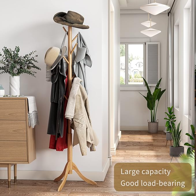 Coat Rack Freestanding, Coat Stands Entryway, Bamboo Coat Rack Hat Hanger 8 Hook for Jacket, Purse, Scarf Rack, Umbrella Tree Stand (Natural)