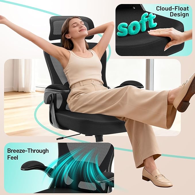 Office Chair - Ergonomic Desk Chair Breathable Mesh Chair with 2D Headrest & Adjustable Lumbar Support - Executive High Back Rolling Swivel Computer Gaming Chair with Wheels Flip-up Armrests