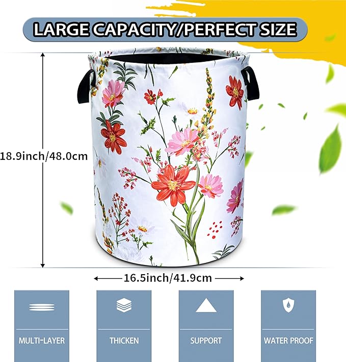 NUTAINLA Beautiful Flowers Laundry Basket Pink Red Floral Foldable Oxford Cloth Funny Tote Bag Laundry Hamper Clothes Storage Bucket Toy Organizer For Bathroom/Laundry Storage/Bedroom 18.9x16.5 Inch