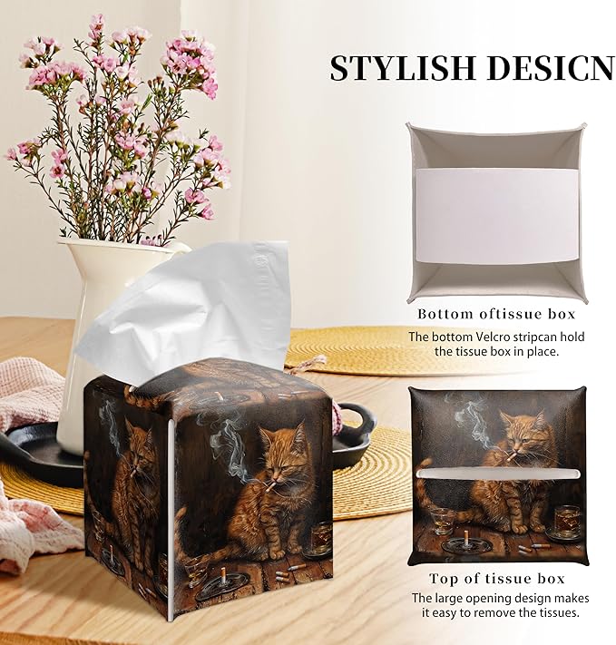 Grace Yonks Cute Cat Tissue Box Cover Square, Smoking Cat Cube Case for Facial Tissues, 5.2" PU Leather(067)