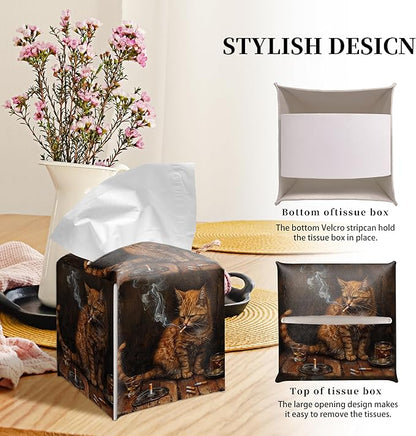 Grace Yonks Cute Cat Tissue Box Cover Square, Smoking Cat Cube Case for Facial Tissues, 5.2" PU Leather(067)