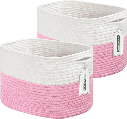 Cotton Rope Shelf Storage Basket, 15x10x9 in, Shelf Storage Baskets for Clothes, Towels, Books, Laundry (White/Pink, 2 Pack)