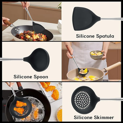 FJNATINH Silicone Spatula - Ladle - Skimmer Wok Tool Set,Stainless Steel Non Stick Heat-Resistant Cooking Utensils BPA Free Kitchen Utensils Cookware with Wooden Handle, Pack of 3