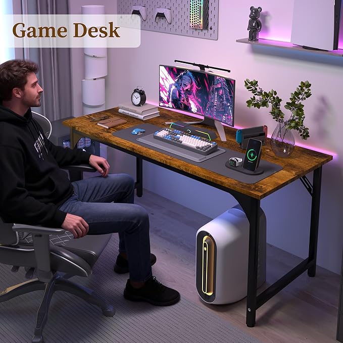 AZN Computer Desk, 55in Computer Desk, Office Desk w/Metal Frame, Office Desk w/Water-Resistant, Scratchproof Surface, Home Office Desks w/Large Legroom for Work Study Writing Gaming, Rustic Brown