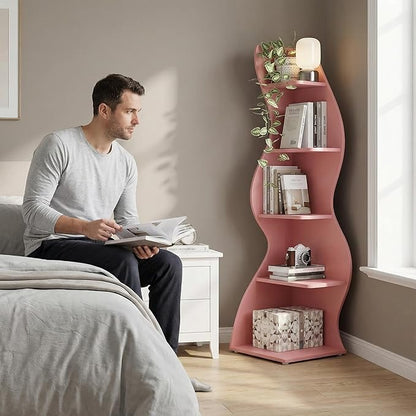 Arvolia 70 Inch Corner Shelf Stylish Design,Modern 5-Tier Wall Corner Bookshelf,Stylish Corner Small Bookcase Storage Rack Plant Stand with Unique Shape for Home Office (Pink)