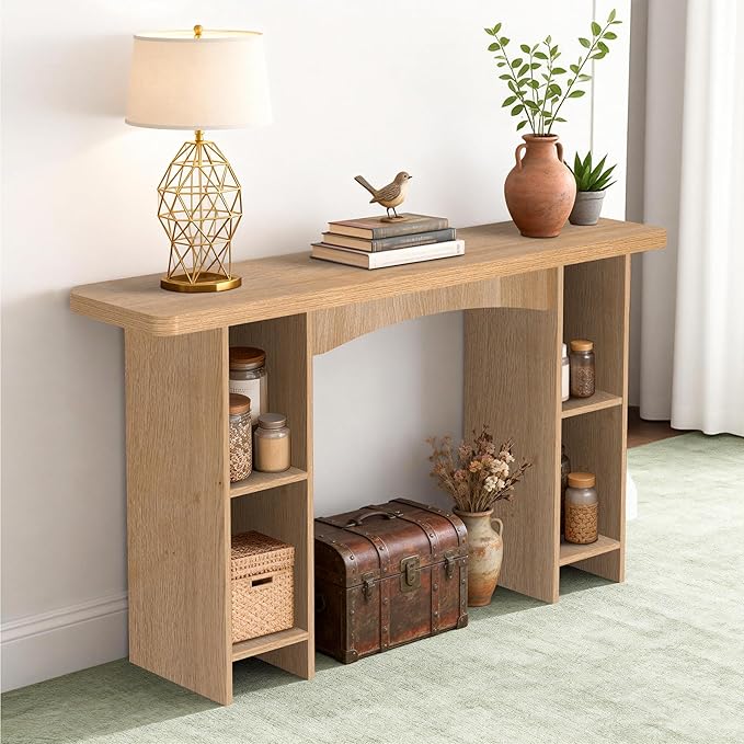 55 Inch Entryway Table Single-Shelf Cabinet, 1.6 Inch Thick Desktop Wooden Console Table with Socket Farmhouse Sofa Table for Entrance, Hallway, Living Room,Behind Couch(Oak Brown)