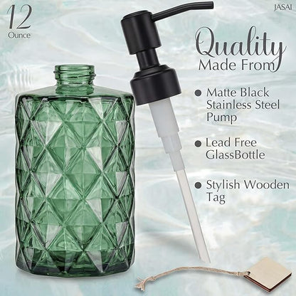 JASAI Forest Green Glass Soap Dispenser with Black Rustproof Pump, Refillable Small Soap Dispenser for Kitchen and Bathroom.
