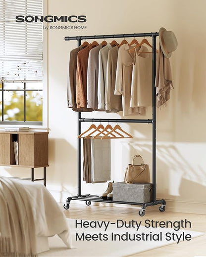 SONGMICS Heavy-Duty Clothes Rack, Double-Rod Clothing Rack for Hanging Clothes, Industrial Garment Rack on Wheels, Adjustable Metal Frame, 2 Casters with Brakes, Commercial Display, Black UHSR62BK