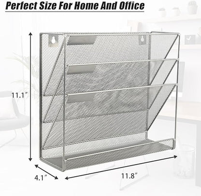 EASEPRES Desk File Organizer Mesh 4-Tier, Hanging Wall Mount Document Organization Stand, Desktop Vertical Mail Paper Folder Holder Rack with Bottom Tray for Office Home Cubicle Countertop, Silver