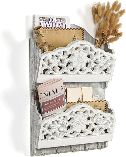 Key and Mail Holder for Wall, 2-Slot Mail Organizer Wall Mount with 5 Key Hooks, Wooden Key Hangers Wall File Organizer Letter Sorter, Key Rack for Entryway and Home Decor,Extra Wide (Extra Large)