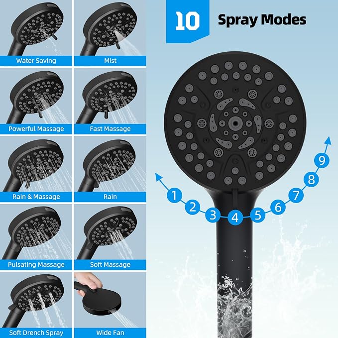 Hibbent 12'' All Metal CUPC Certified Shower Head, High Pressure Rainfall Shower Head, Handheld Showerhead Combo, 12'' Adjustable Extension Arm, 10-Spray, 71'' Hose, Showerhead Holder, Matte Black