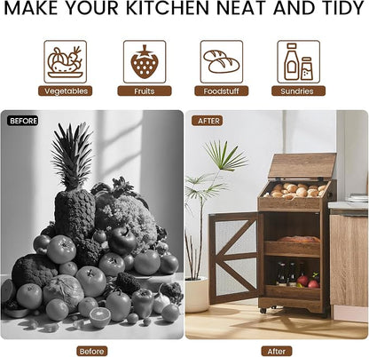 Potato Storage Bin with Wheels, Wood Potato and Onion Storage Cabinet with Lid, Movable Fruit and Vegetable Organizer Box, Large Bread Box for Kitchen