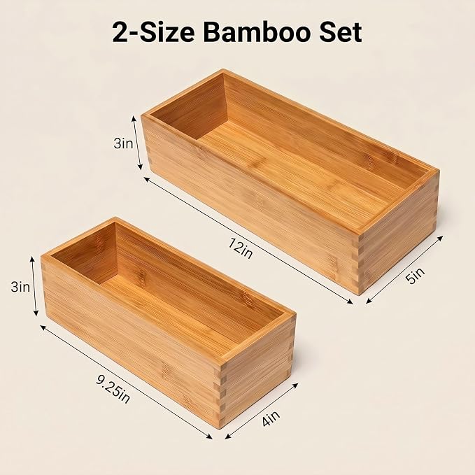 Bamboo Drawer Organizer Set, 2 Pack Multi-Size Wooden Storage Box, Natural Utensil Holder for Kitchen Flatware Silverware, Bathroom, Office Desk, Makeup and Cooking Tools