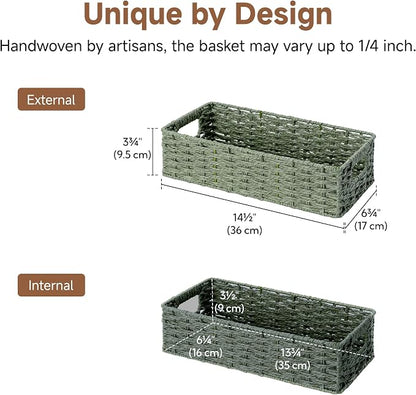 StorageWorks Small Wicker Toilet Basket Tank Topper with Built-in Handles, Toilet Paper Baskets for Back of Tank, Paper Rope Bathroom Basket Organizer and Storage for Sage Green Bathroom Decor, Green