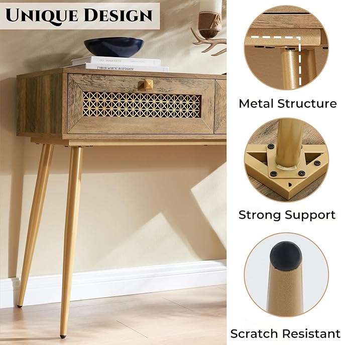 Mid Century Modern Console Table with Drawers, Narrow Sofa Table for Living Room, Entryway and Bedroom, Boho Style, Rustic Oak