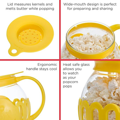 Ecolution Patented Micro-Pop Microwave Popcorn Popper with Temperature Safe Glass, 3-in-1 Lid Measures Kernels and Melts Butter, Made Without BPA, Dishwasher Safe, 1.5-Quart, Yellow