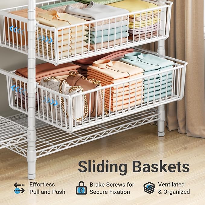 VIPEK V10 Wire Garment Rack 5-Tiers Heavy Duty Clothes Rack Large Size Clothing Rack with 4 Hanging Rods, 6 Wire Shelves and 2 Slid Baskets, 68.9" W x 15.7" D x 76.4" H, Max Load 920 LBS, White