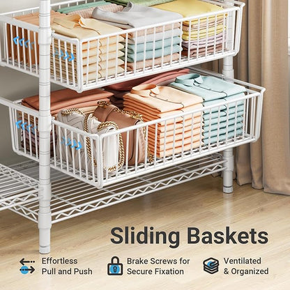 VIPEK V10 Wire Garment Rack 5-Tiers Heavy Duty Clothes Rack Large Size Clothing Rack with 4 Hanging Rods, 6 Wire Shelves and 2 Slid Baskets, 68.9" W x 15.7" D x 76.4" H, Max Load 920 LBS, White