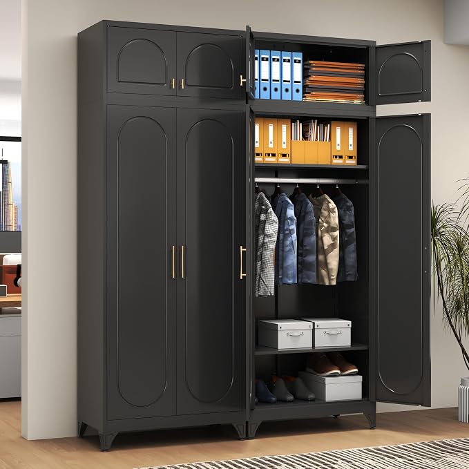 Polup Metal Armoire Wardrobe Closet, 86 Inch Tall Freestanding Wardrobe Cabinet with Hanging Rod, Bedroom Armoires with Doors, 18" D x 32" W x 86" H, Black, Assemble Required, Shipped in Two Packages