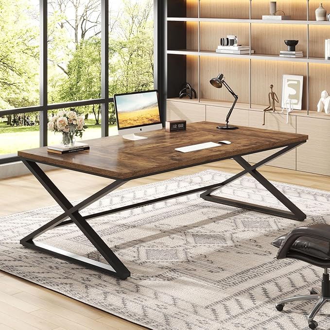 IBF Rustic Large Desk for Home Office, 78.7" Extra Long Computer Desk, Wood Metal Wide Work Desk for Study Writing, Farmhouse Dual Monitor Workstation Gaming Desk Computer Table, Rustic Brown